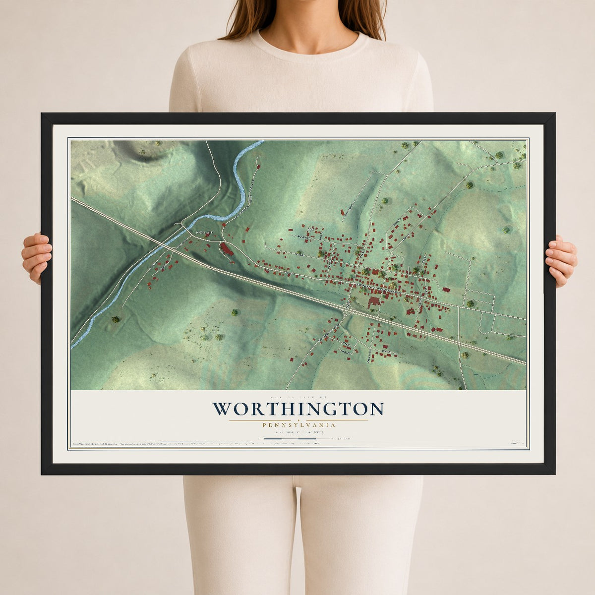 Map of Worthington, Pennsylvania, 24 x 36 inch print in a black wood frame