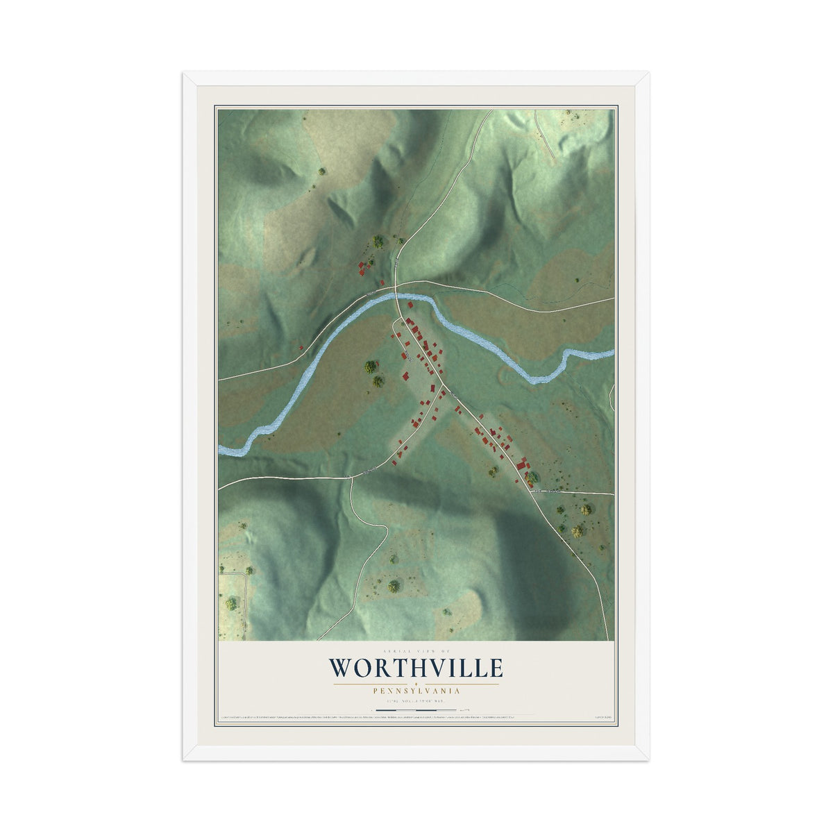 Map of Worthville, Pennsylvania, 12 x 18 inch print in a white wood frame