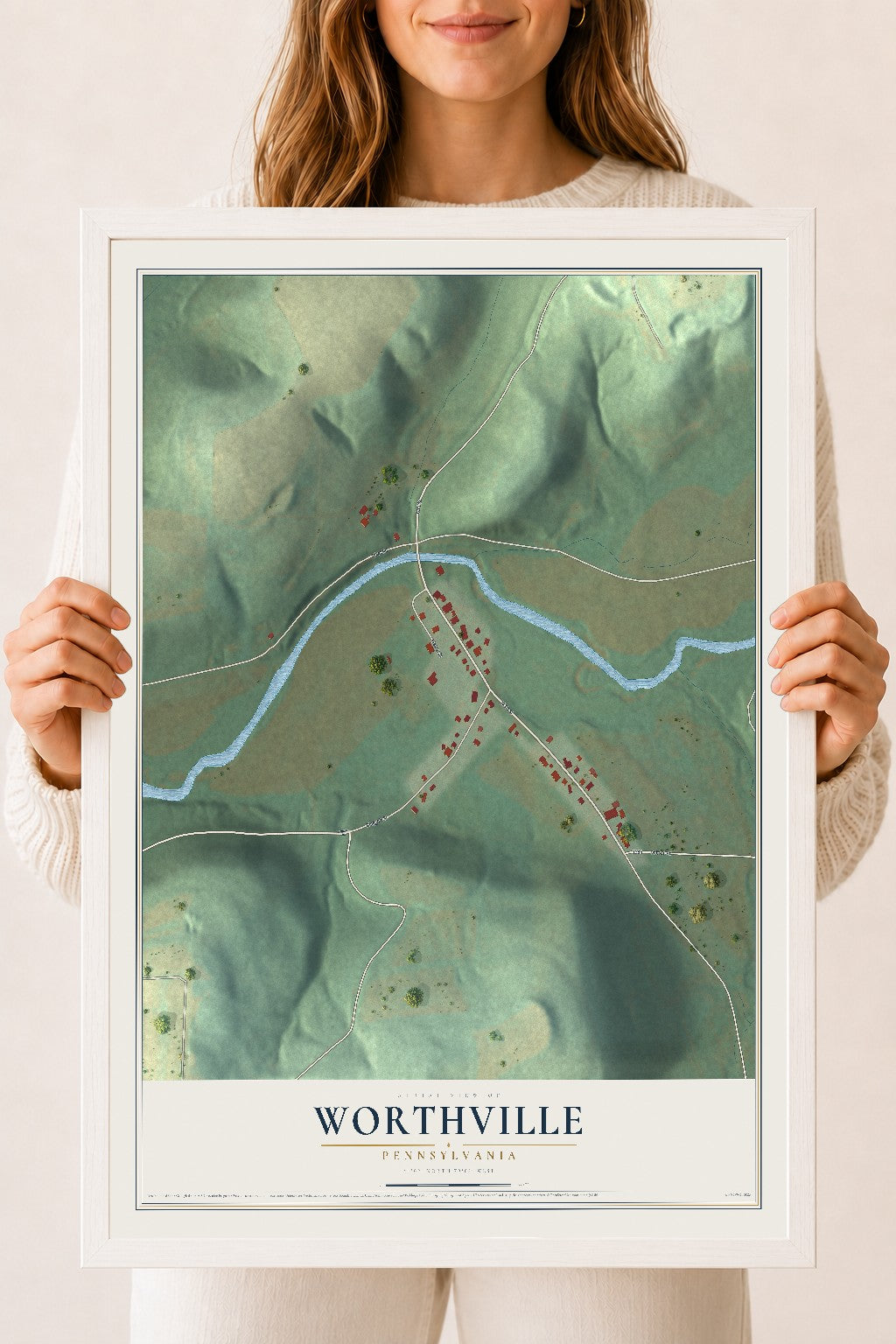 Map of Worthville, Pennsylvania, 18 x 24 inch print in a white wood frame