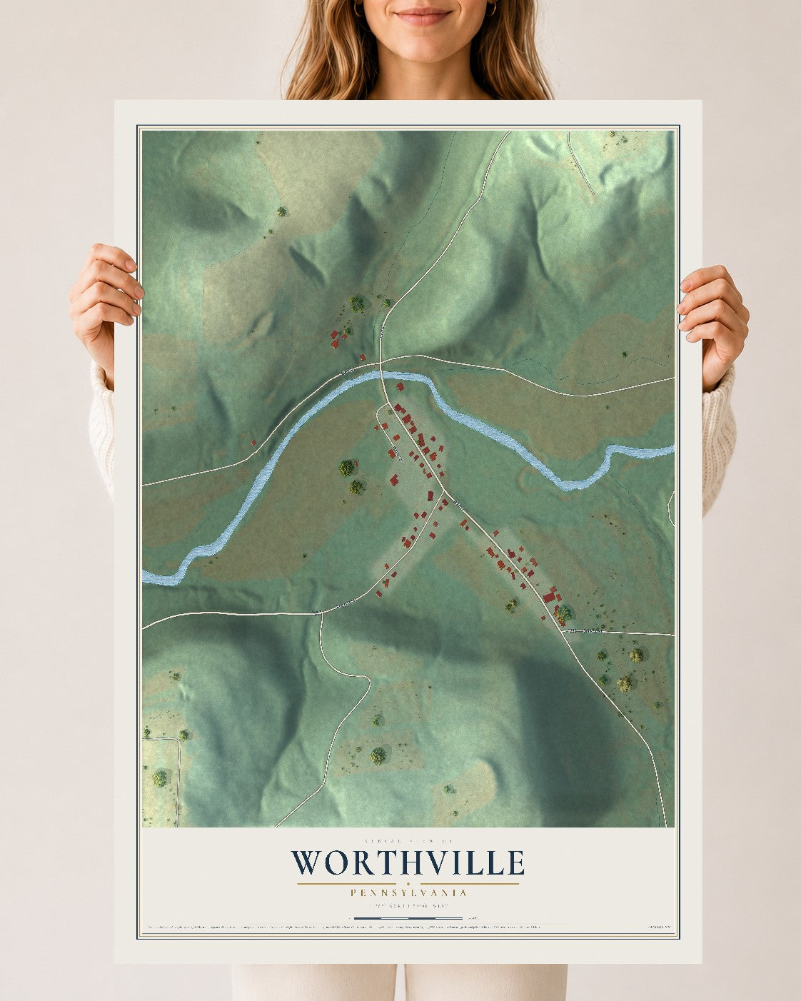 Map of Worthville, Pennsylvania, 24 x 36 inch unframed archival matte print