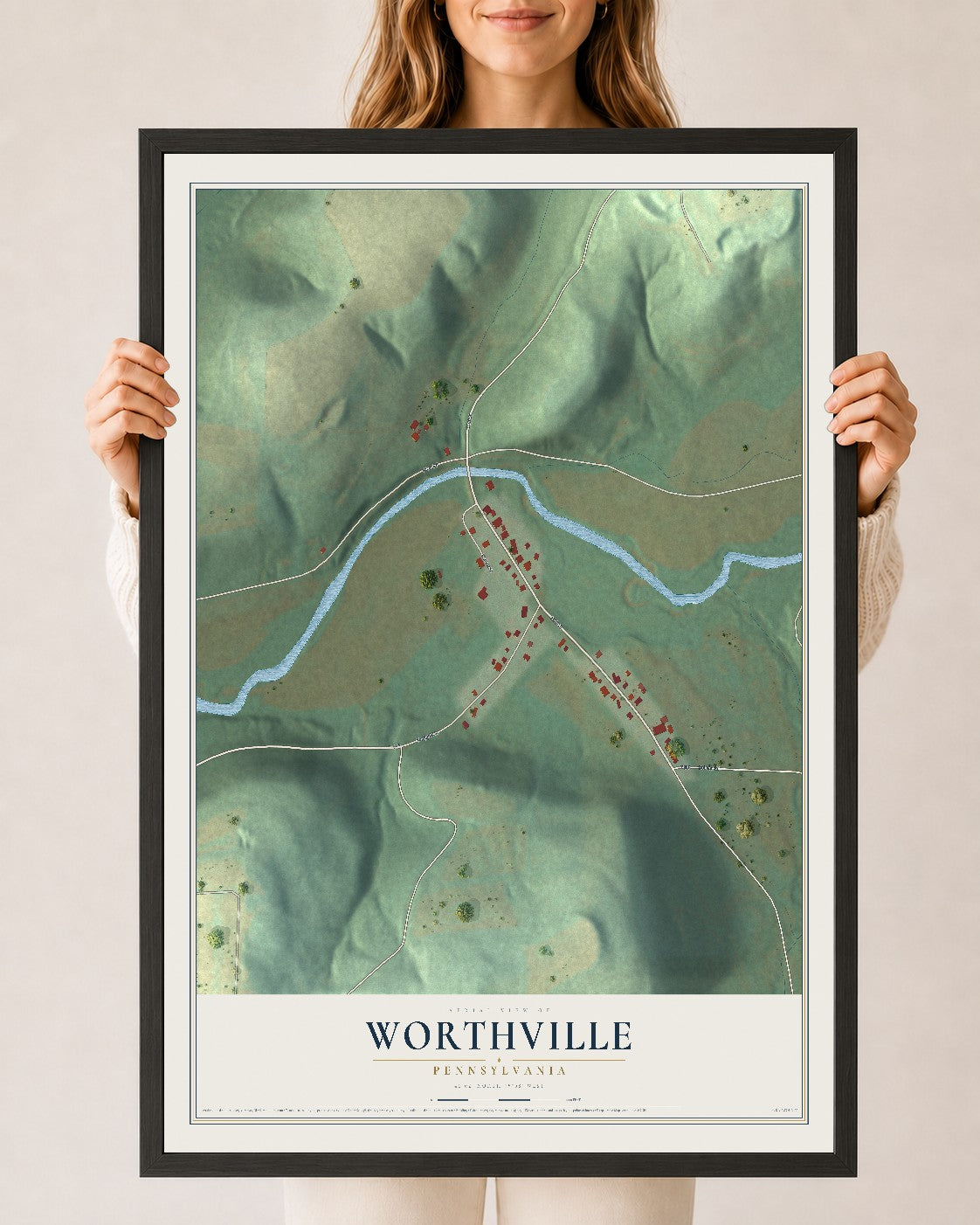 Map of Worthville, Pennsylvania, 24 x 36 inch print in a black wood frame