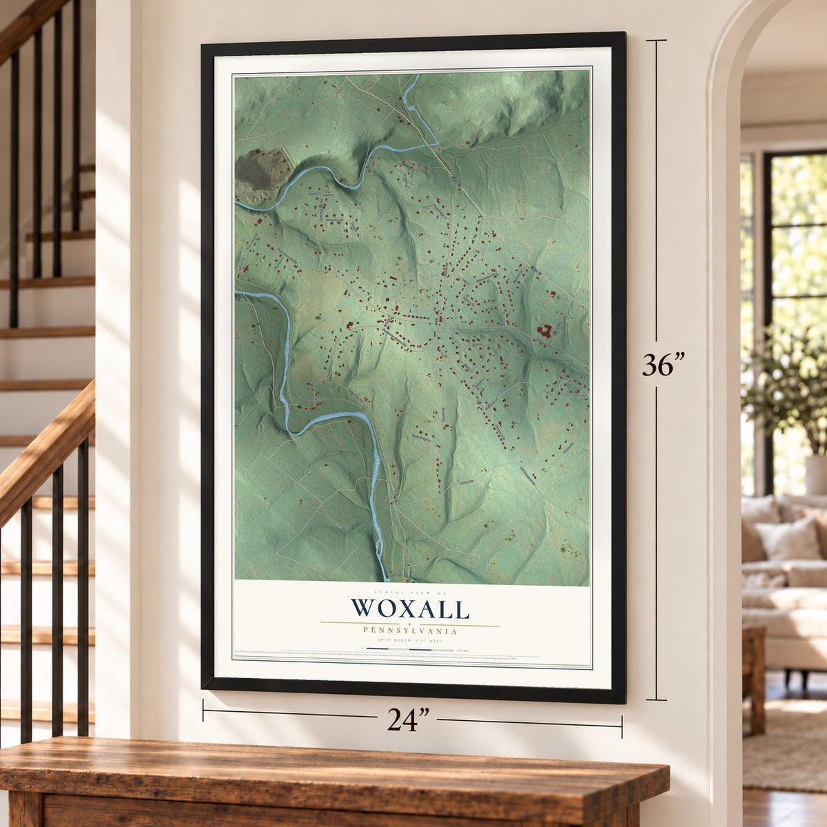Woxall, Pennsylvania map, 24 x 36 inch print in a black frame by a staircase