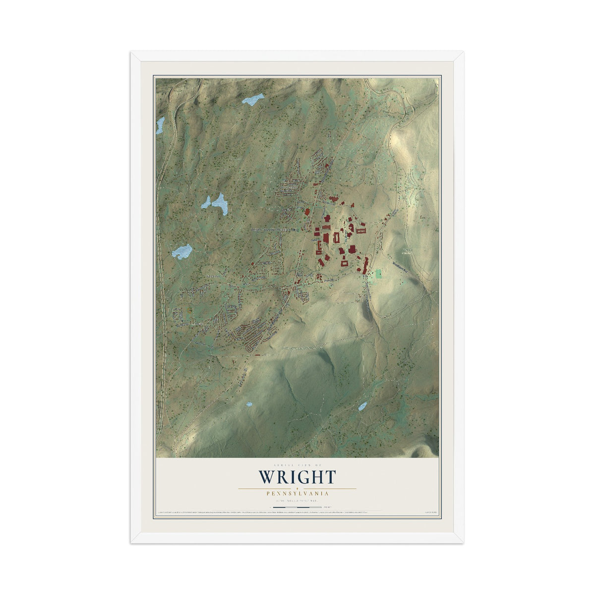 Map of Wright, Pennsylvania, 12 x 18 inch print in a white wood frame