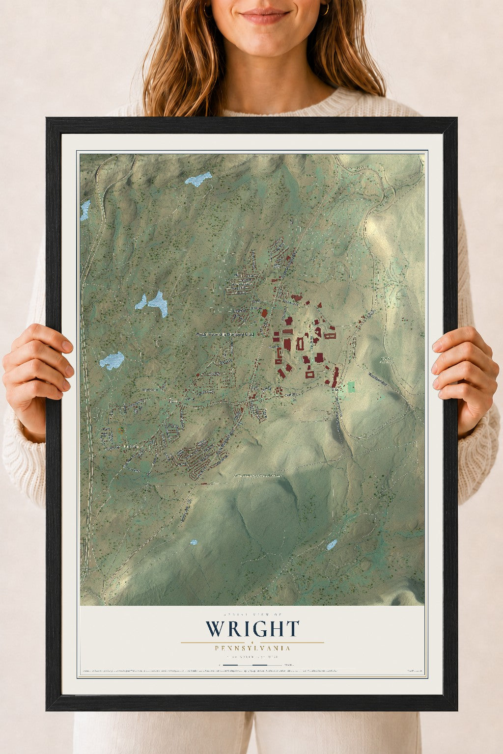 Map of Wright, Pennsylvania, 18 x 24 inch print in a black wood frame