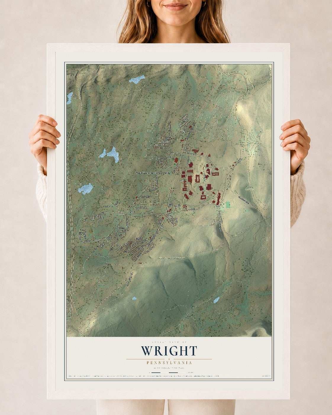 Map of Wright, Pennsylvania, 24 x 36 inch print in a white wood frame