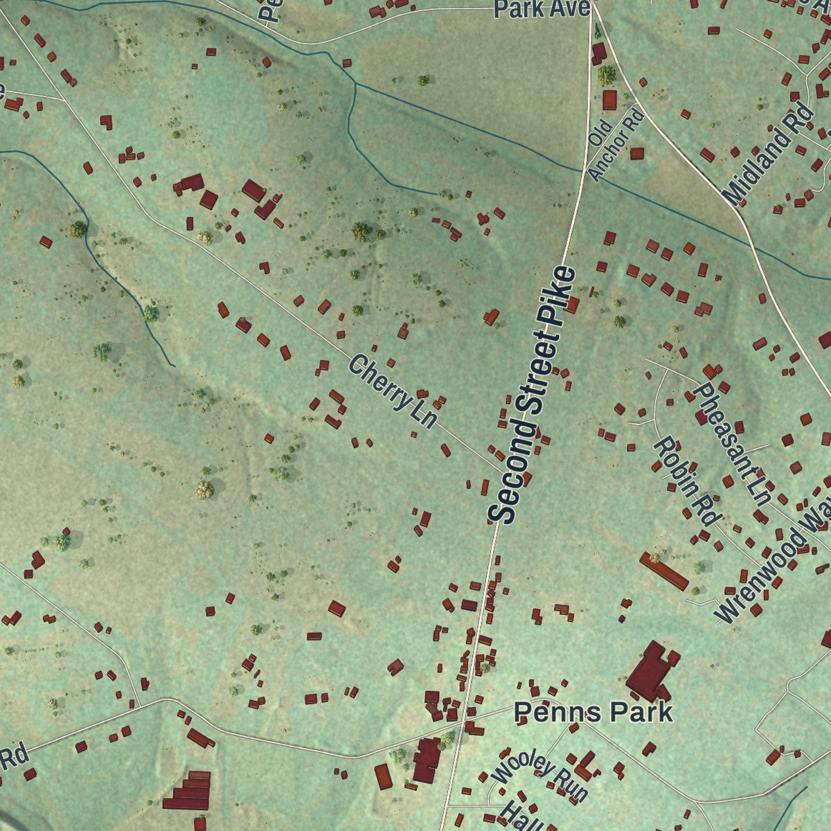 Second close-up of the map of Wrightstown, Pennsylvania print showing more streets and buildings