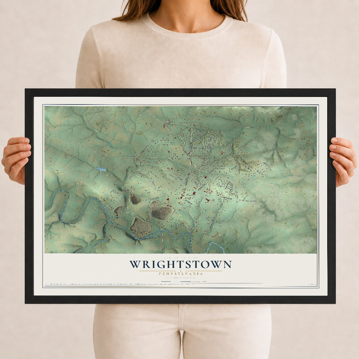 Map of Wrightstown, Pennsylvania, 12 x 18 inch print in a black wood frame