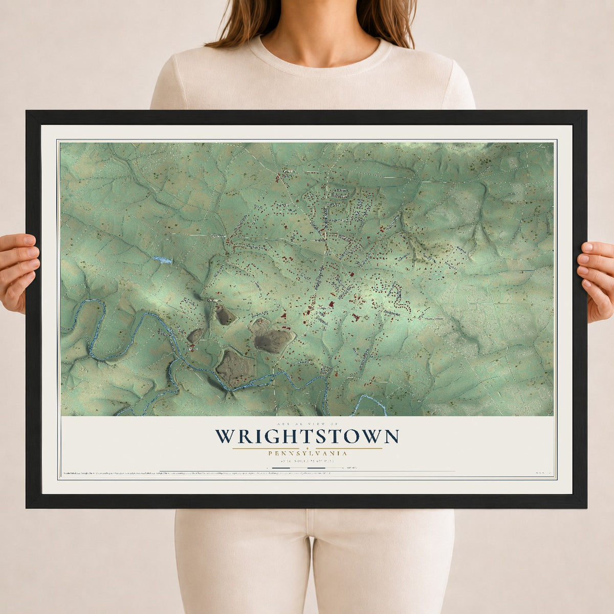 Map of Wrightstown, Pennsylvania, 18 x 24 inch print in a black wood frame
