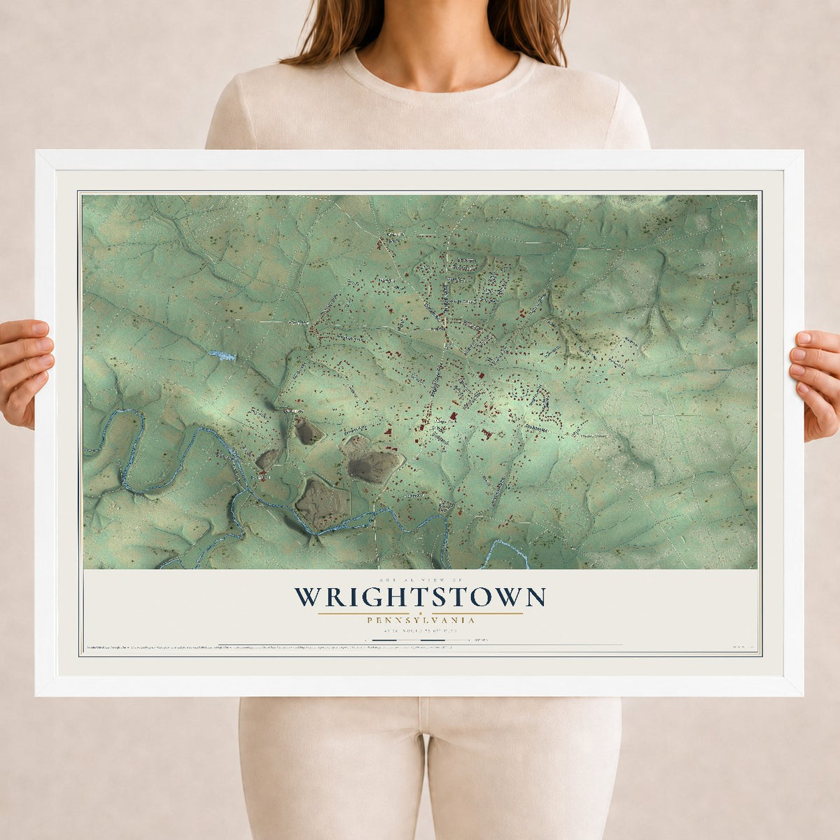 Map of Wrightstown, Pennsylvania, 18 x 24 inch print in a white wood frame