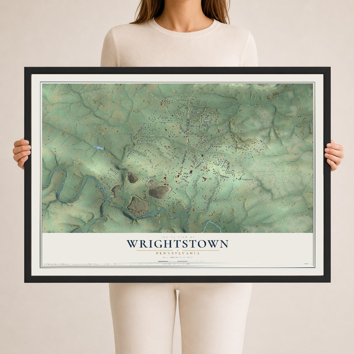 Map of Wrightstown, Pennsylvania, 24 x 36 inch print in a black wood frame