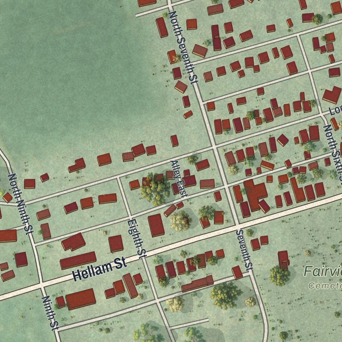 Second close-up of the map of Wrightsville, Pennsylvania print showing more streets and buildings