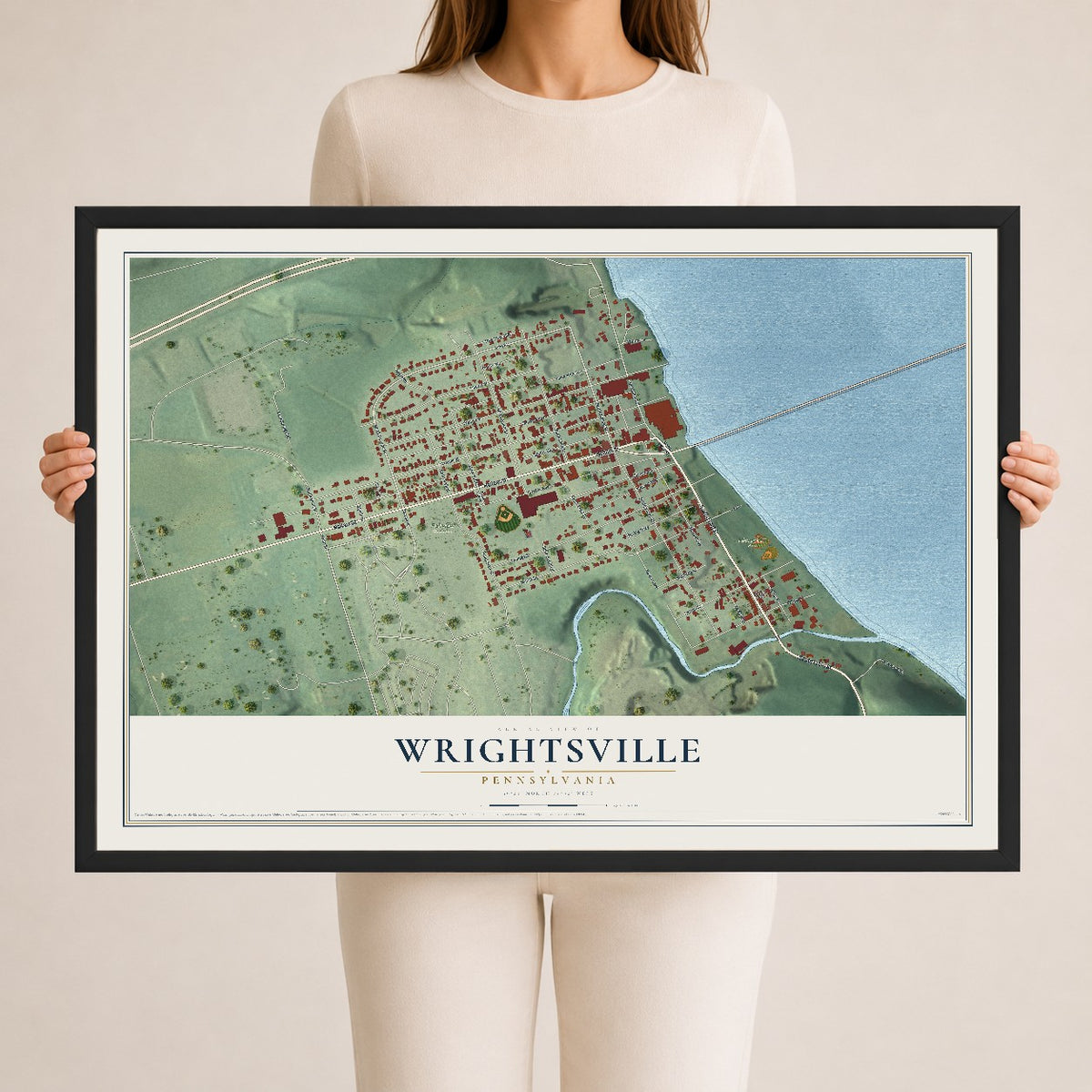 Map of Wrightsville, Pennsylvania, 24 x 36 inch print in a black wood frame