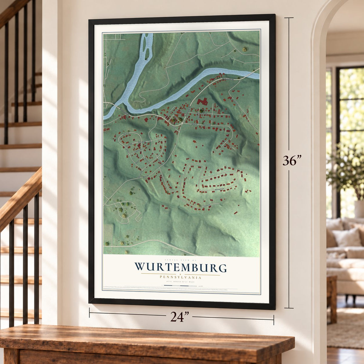 Wurtemburg, Pennsylvania map, 24 x 36 inch print in a black frame by a staircase