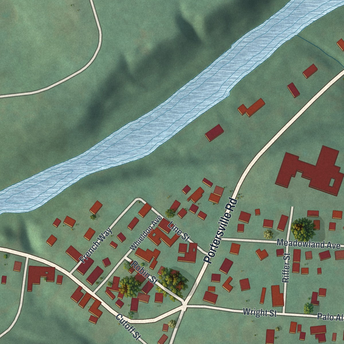 Close-up of the map of Wurtemburg, Pennsylvania print showing street and building detail