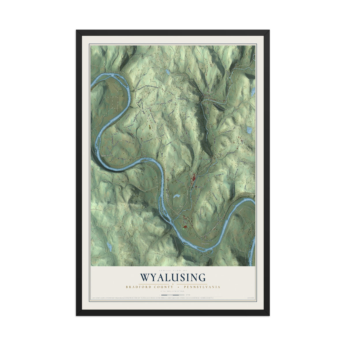 Map of Wyalusing, Bradford County, Pennsylvania, 12 x 18 inch print in a black wood frame