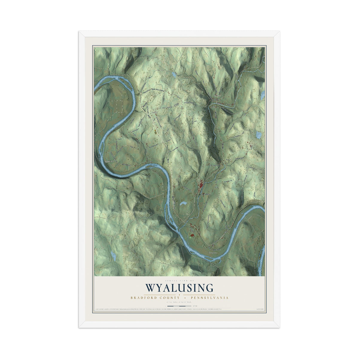 Map of Wyalusing, Bradford County, Pennsylvania, 12 x 18 inch print in a white wood frame