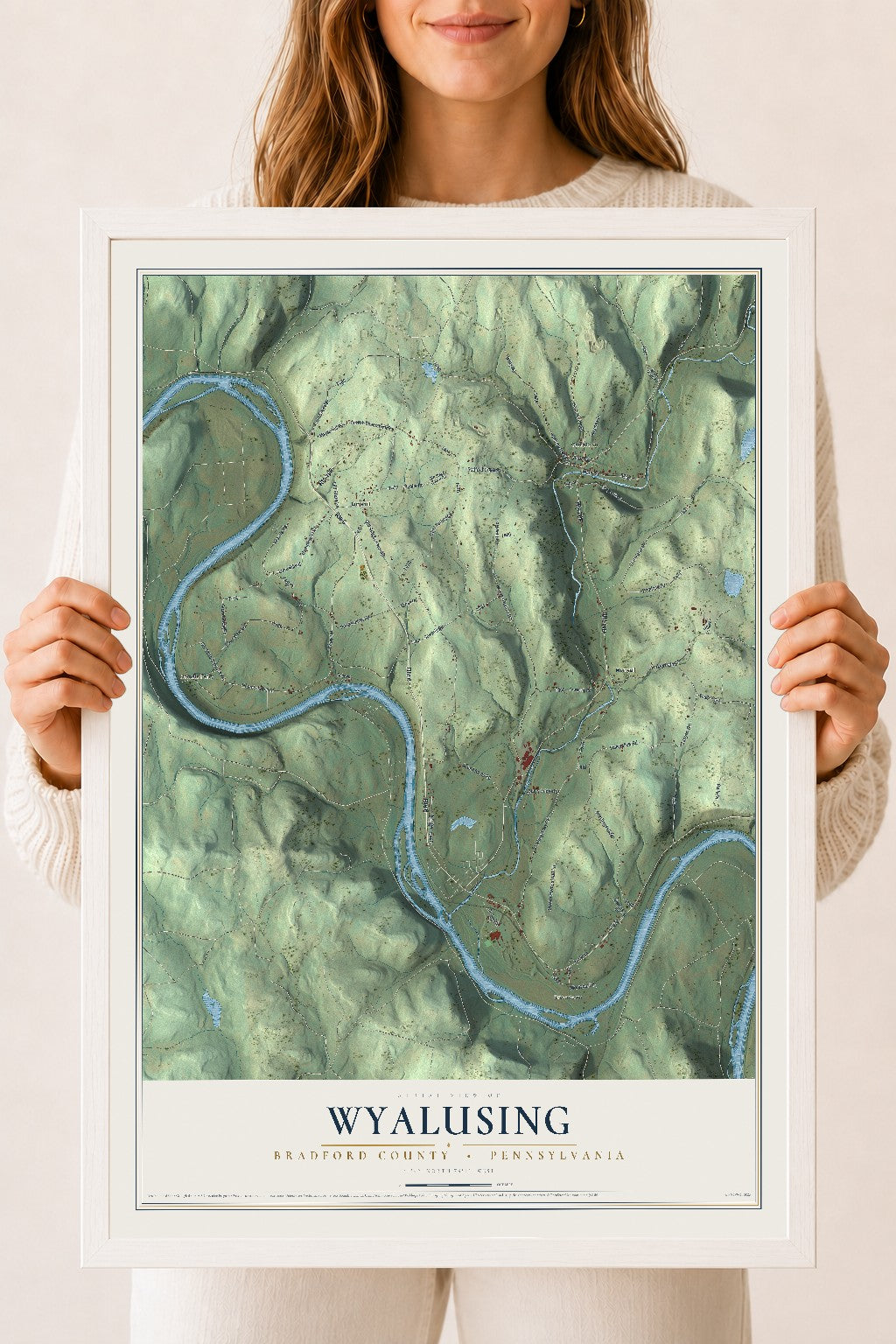 Map of Wyalusing, Bradford County, Pennsylvania, 18 x 24 inch print in a white wood frame