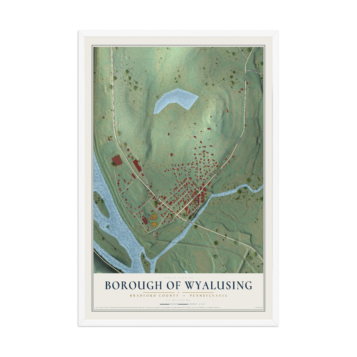 Map of the Borough of Wyalusing, Bradford County, Pennsylvania, 12 x 18 inch print in a white wood frame