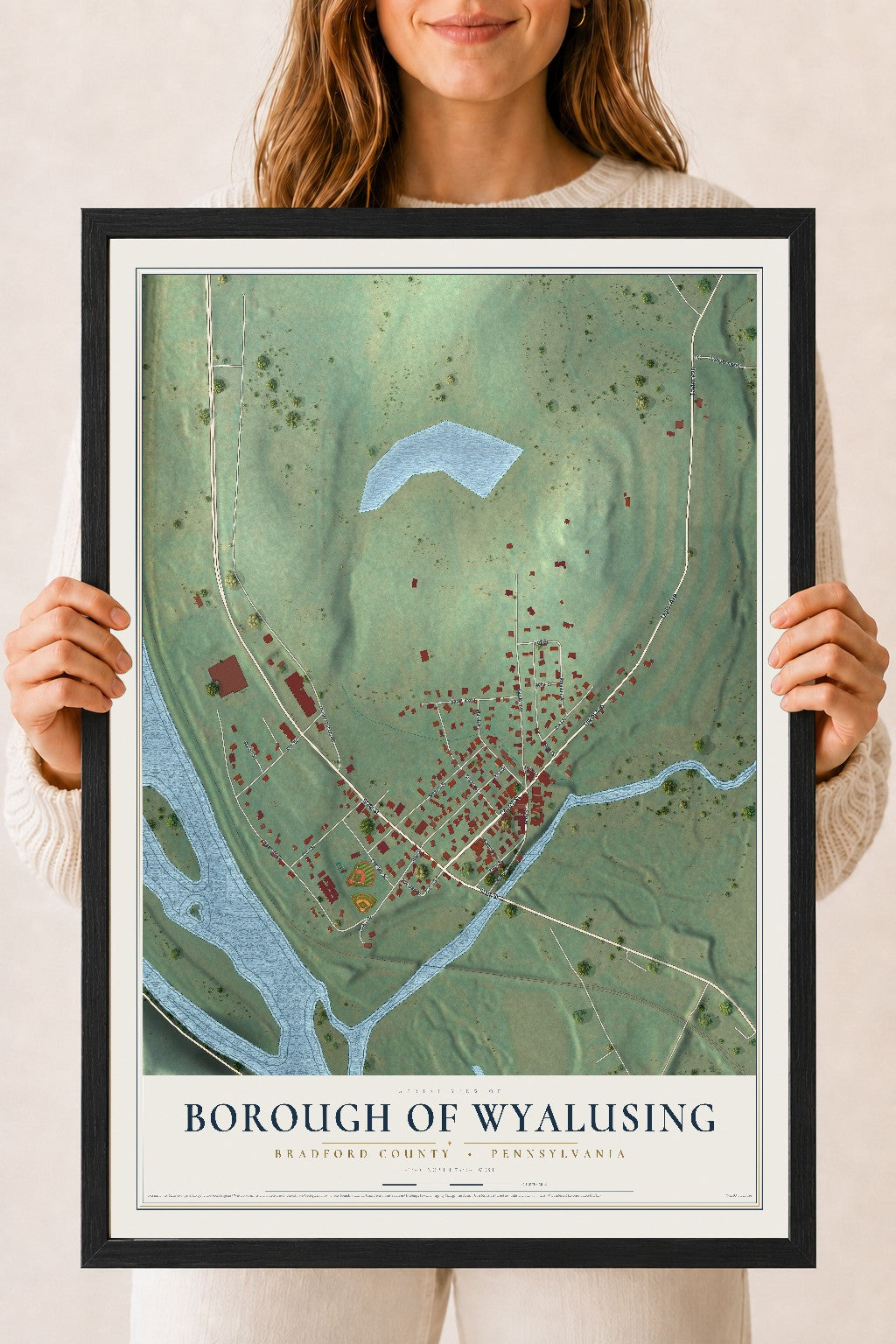 Map of the Borough of Wyalusing, Bradford County, Pennsylvania, 18 x 24 inch print in a black wood frame