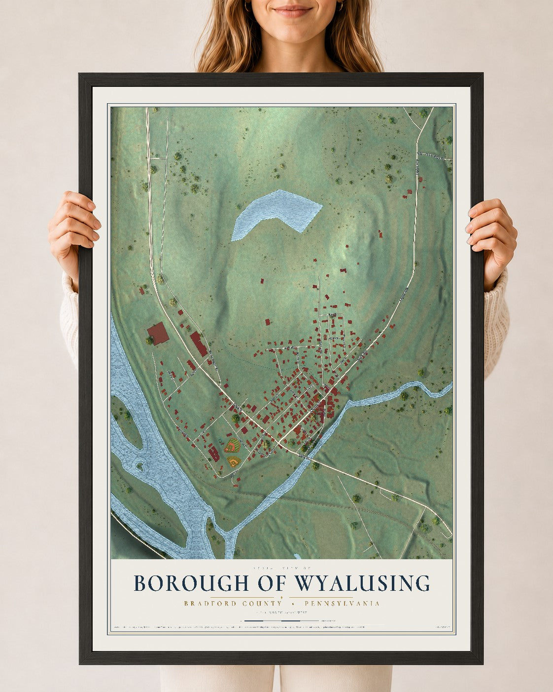 Map of the Borough of Wyalusing, Bradford County, Pennsylvania, 24 x 36 inch print in a black wood frame