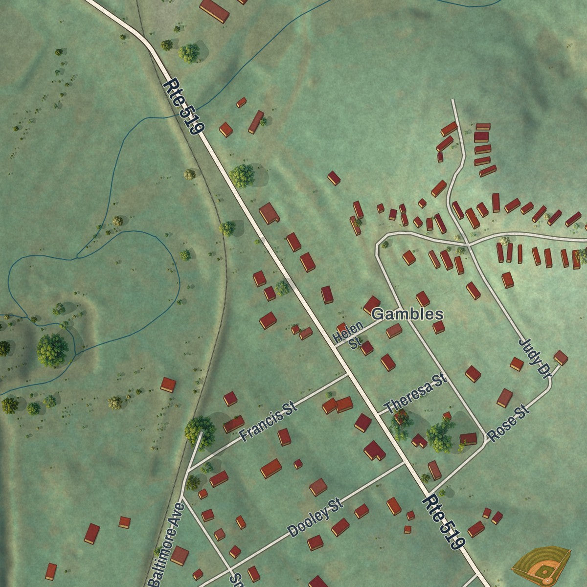 Close-up of the map of Wylandville, Pennsylvania print showing street and building detail