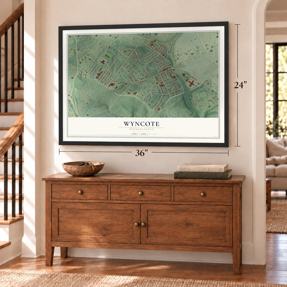 Wyncote, Pennsylvania map, 24 x 36 inch print in a black frame above a dresser by a staircase