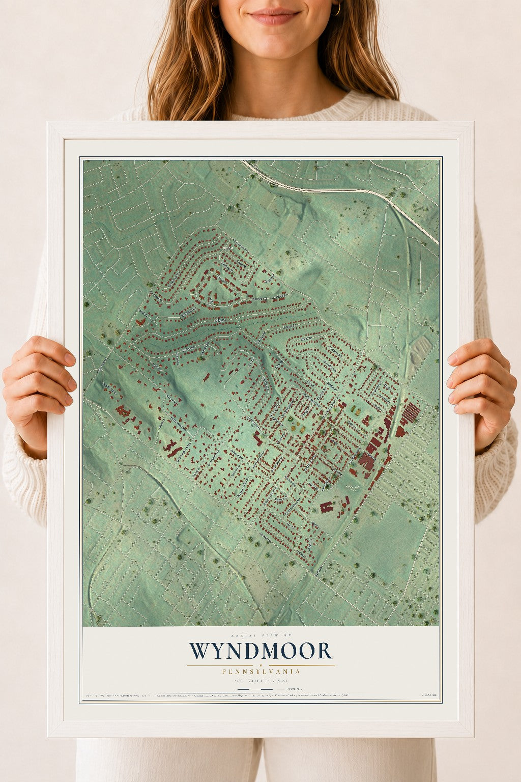 Map of Wyndmoor, Pennsylvania, 18 x 24 inch print in a white wood frame