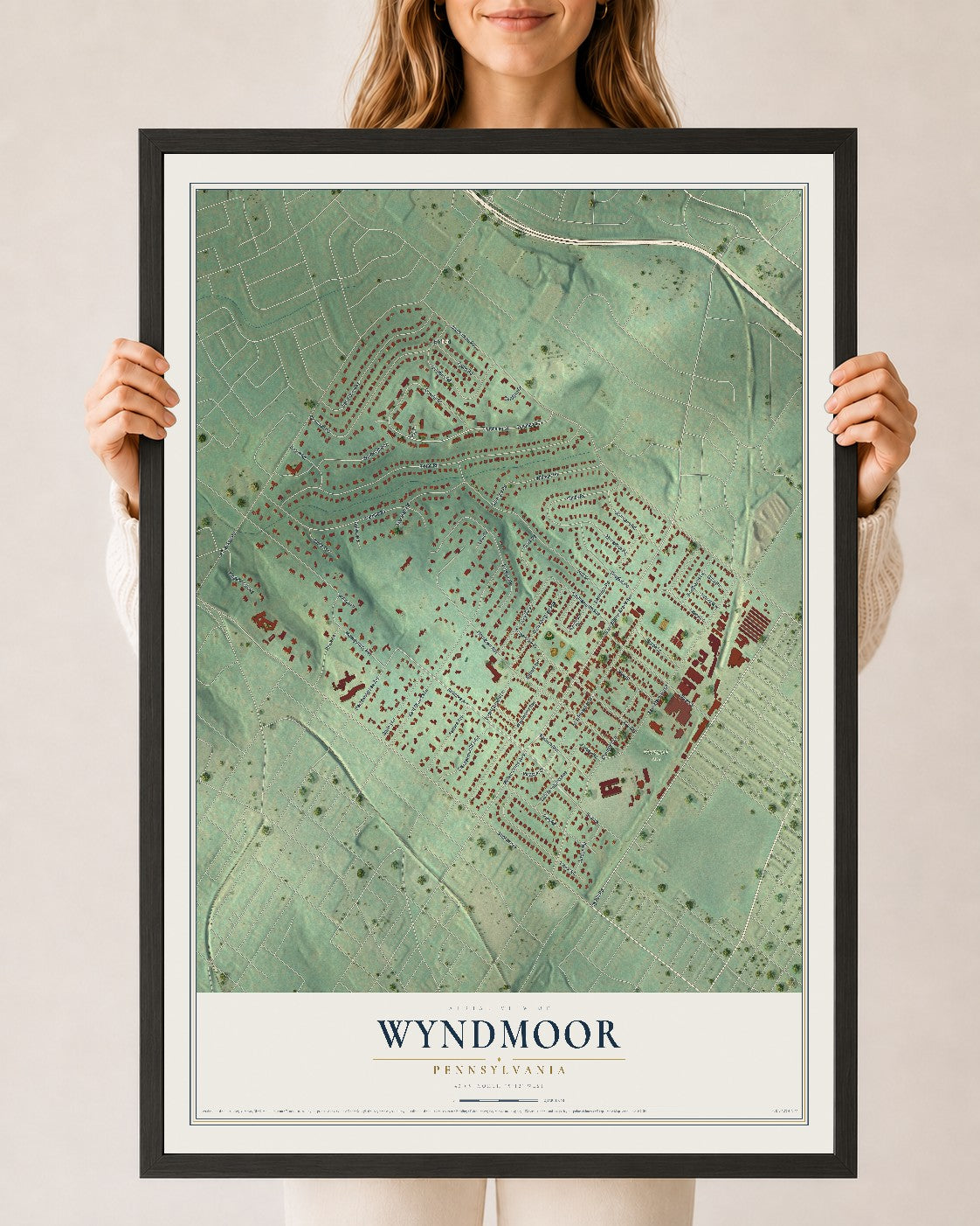 Map of Wyndmoor, Pennsylvania, 24 x 36 inch print in a black wood frame