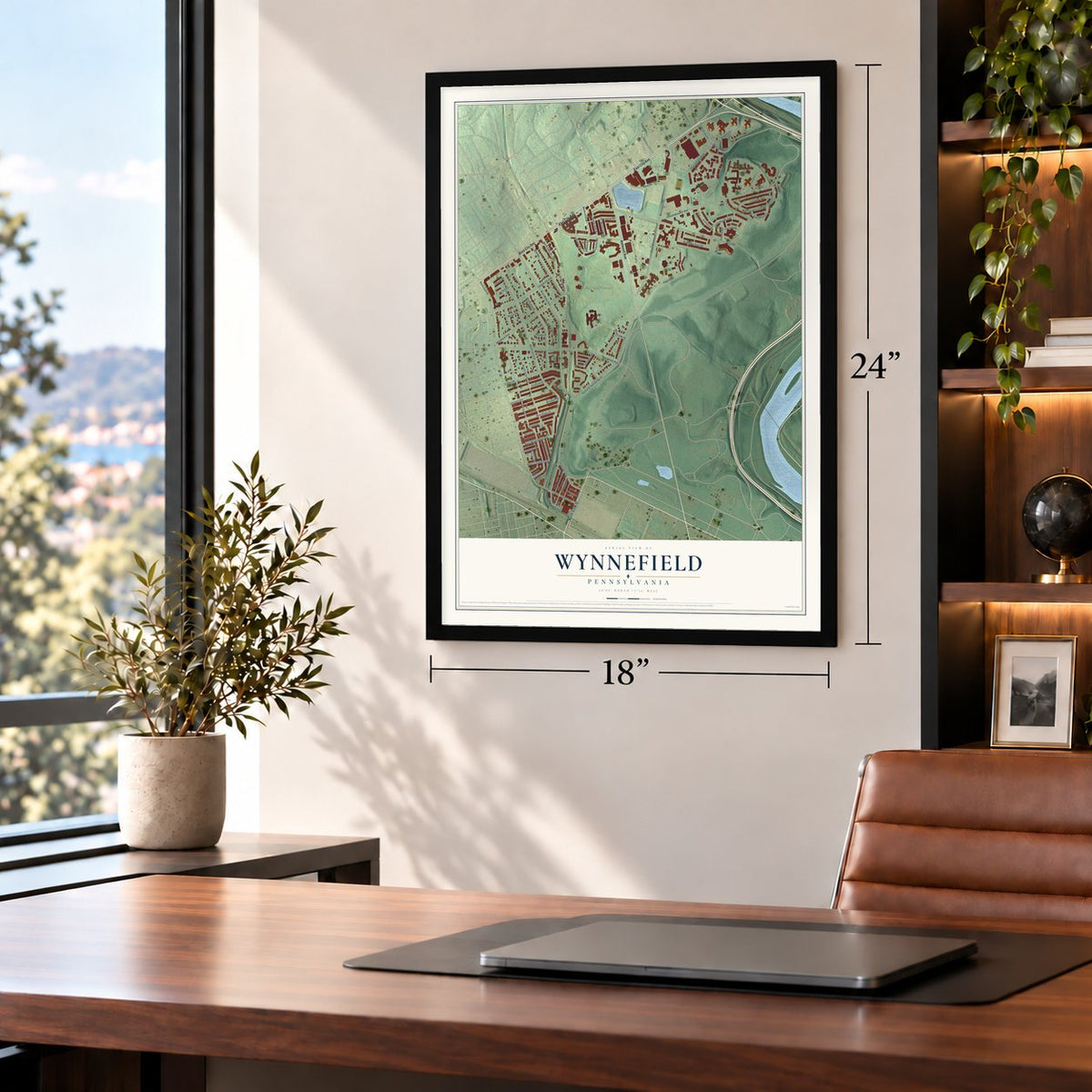 Wynnefield, Pennsylvania map, 18 x 24 inch print in a black frame in a home office