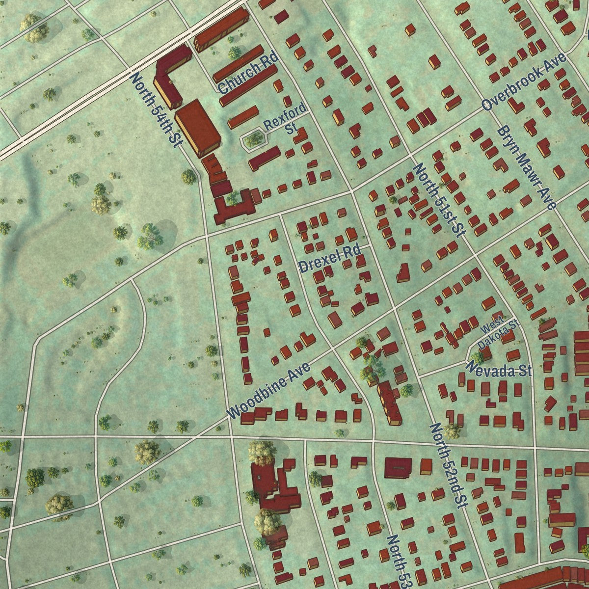 Close-up of the map of Wynnefield, Pennsylvania print showing street and building detail