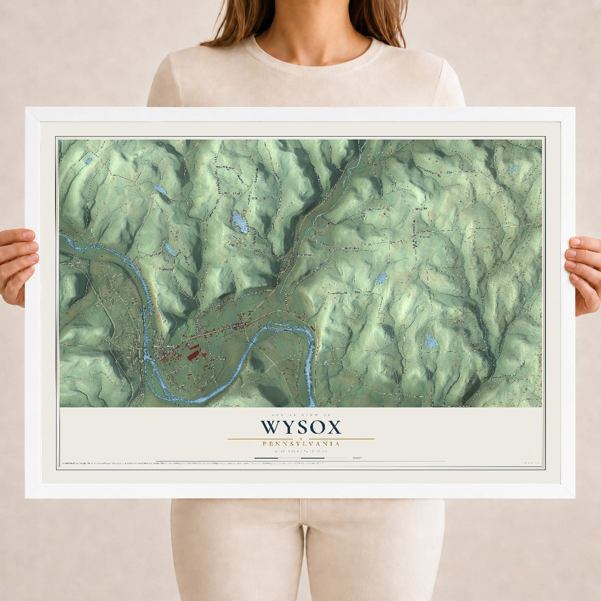 Map of Wysox, Pennsylvania, 18 x 24 inch print in a white wood frame