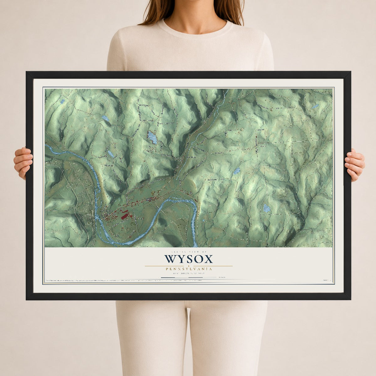 Map of Wysox, Pennsylvania, 24 x 36 inch print in a black wood frame