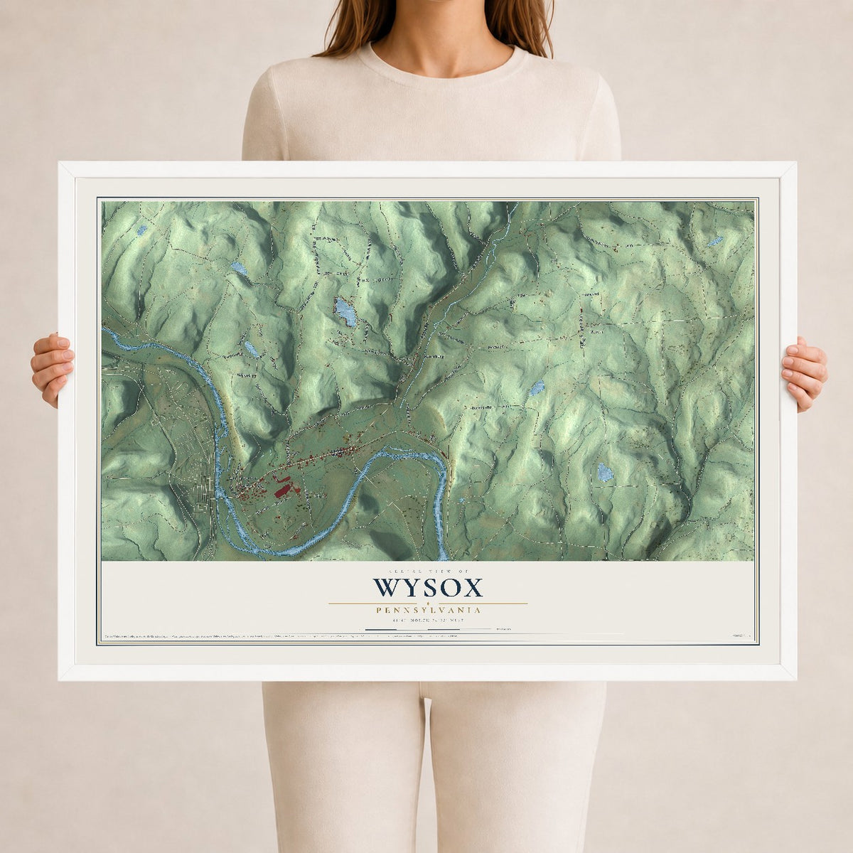 Map of Wysox, Pennsylvania, 24 x 36 inch print in a white wood frame