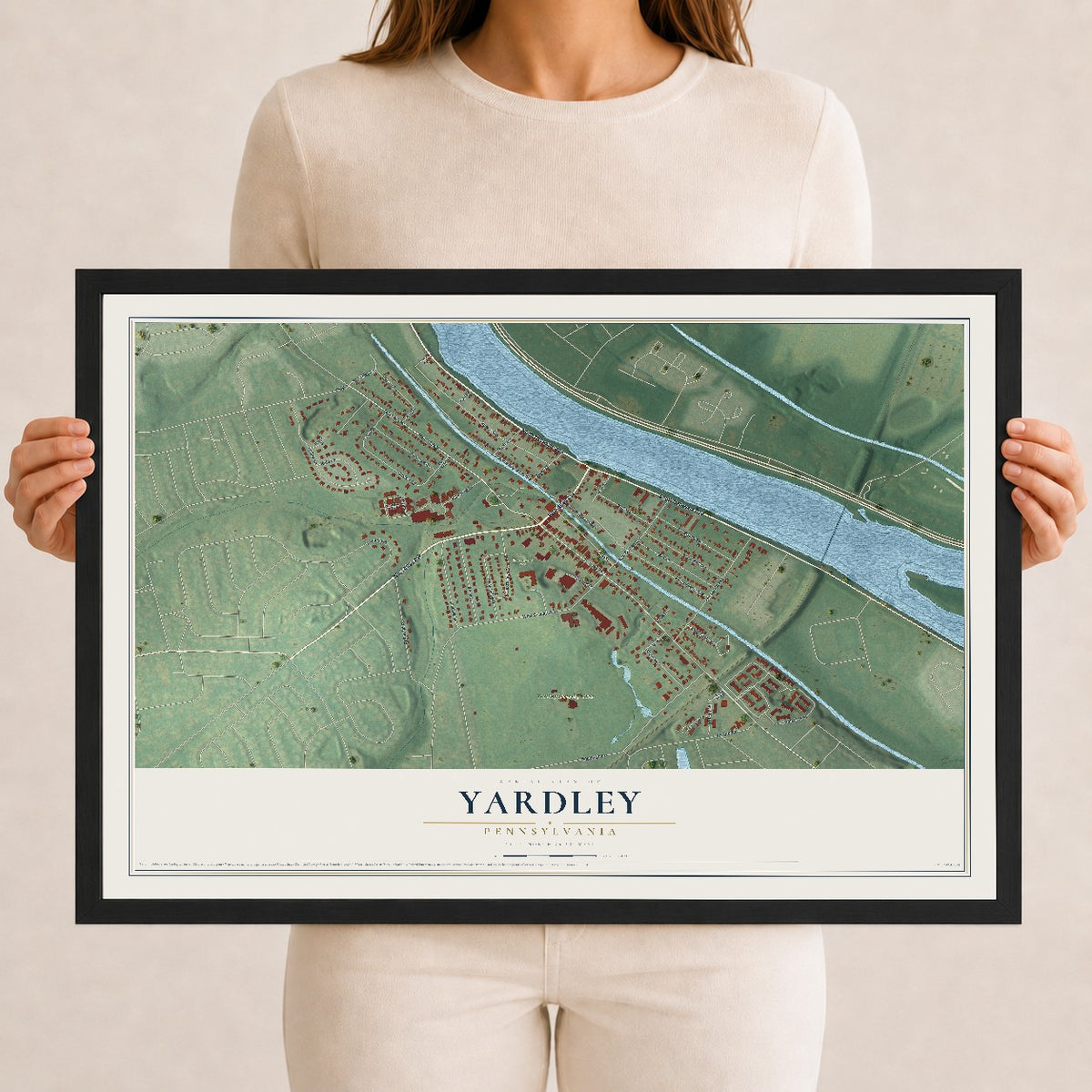 Map of Yardley, Pennsylvania, 12 x 18 inch print in a black wood frame
