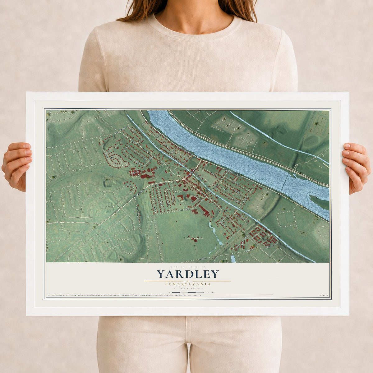 Map of Yardley, Pennsylvania, 12 x 18 inch print in a white wood frame