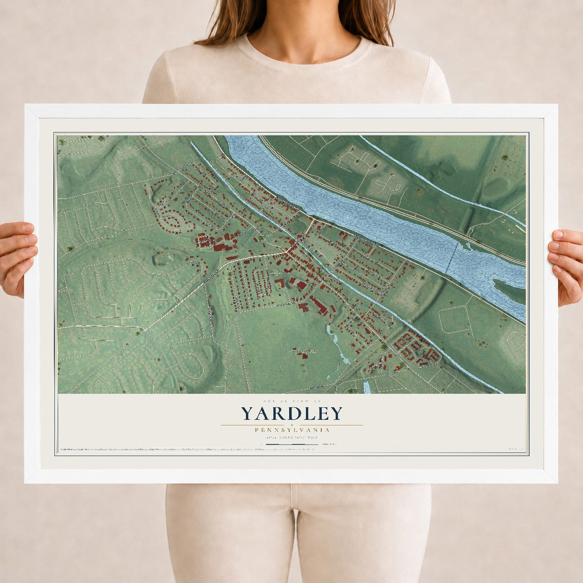 Map of Yardley, Pennsylvania, 18 x 24 inch print in a white wood frame
