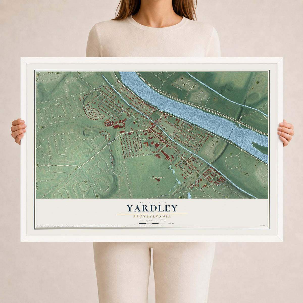 Map of Yardley, Pennsylvania, 24 x 36 inch print in a white wood frame