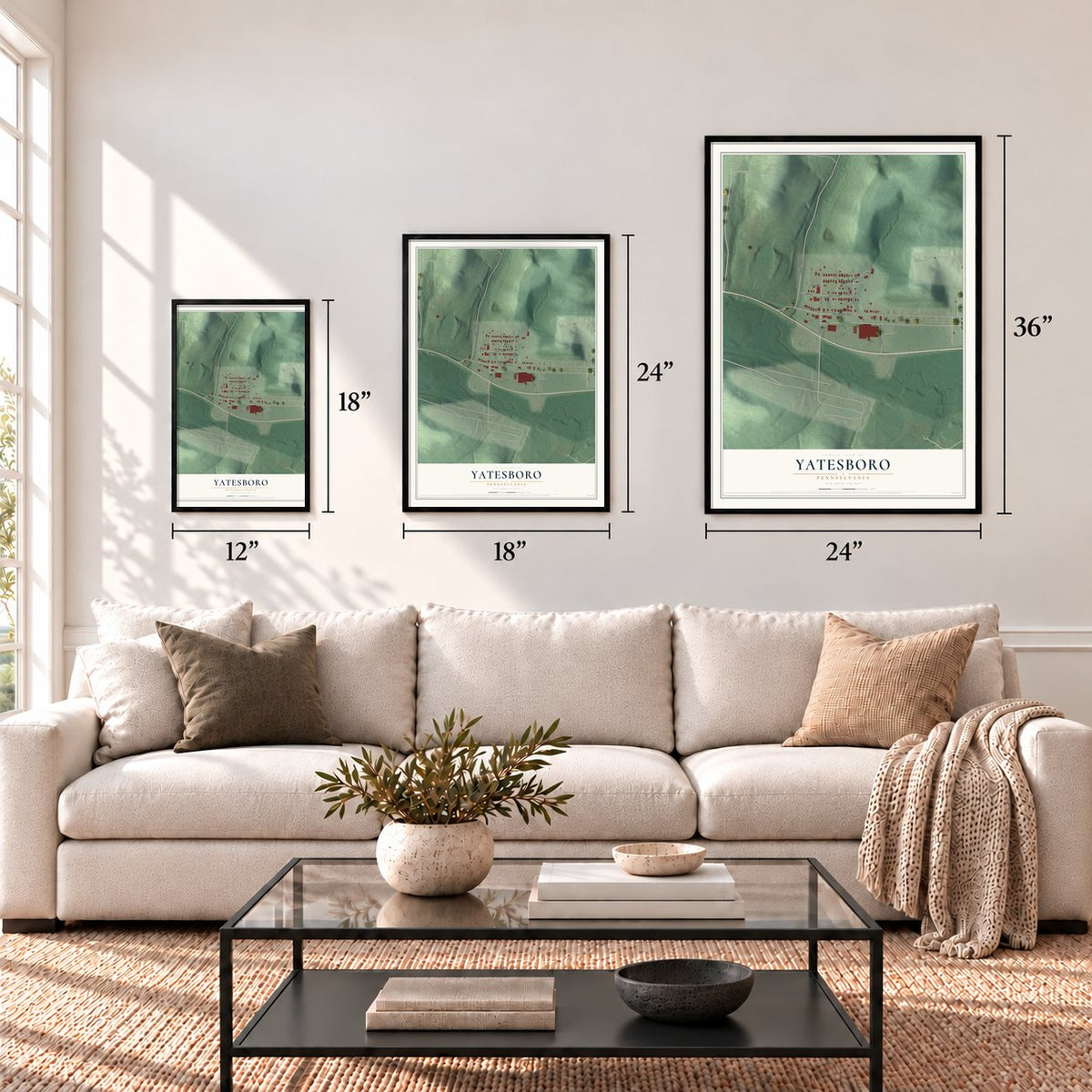 Yatesboro, Pennsylvania map in 12 x 18, 18 x 24 and 24 x 36 inch sizes above a sofa