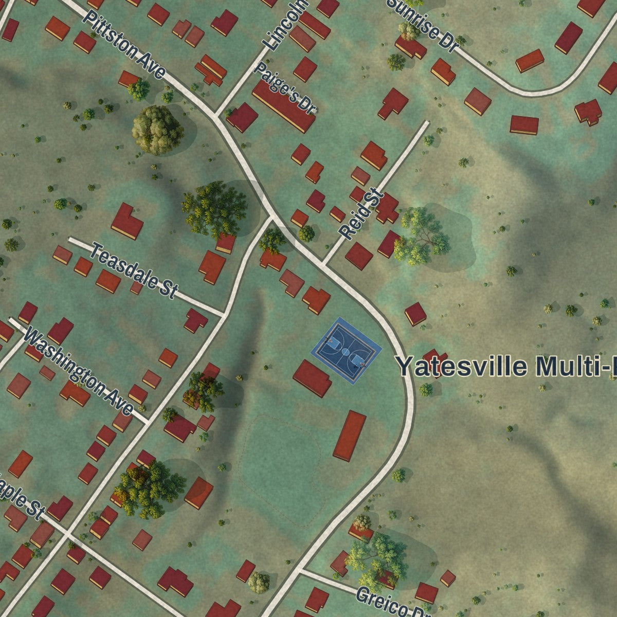 Close-up of the map of Yatesville, Pennsylvania print showing street and building detail