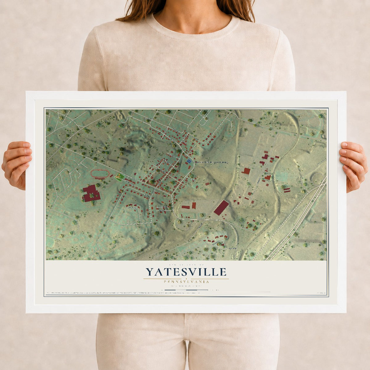 Map of Yatesville, Pennsylvania, 12 x 18 inch print in a white wood frame