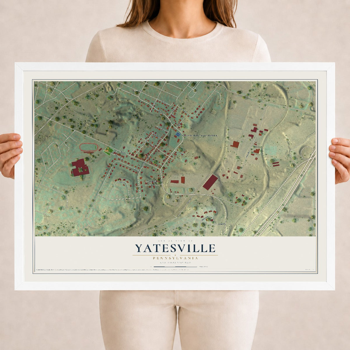 Map of Yatesville, Pennsylvania, 18 x 24 inch print in a white wood frame