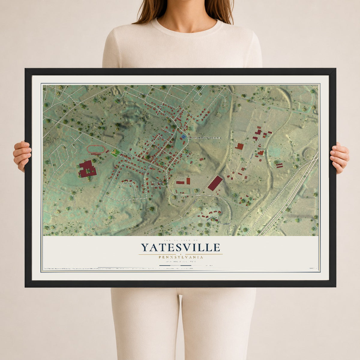 Map of Yatesville, Pennsylvania, 24 x 36 inch print in a black wood frame