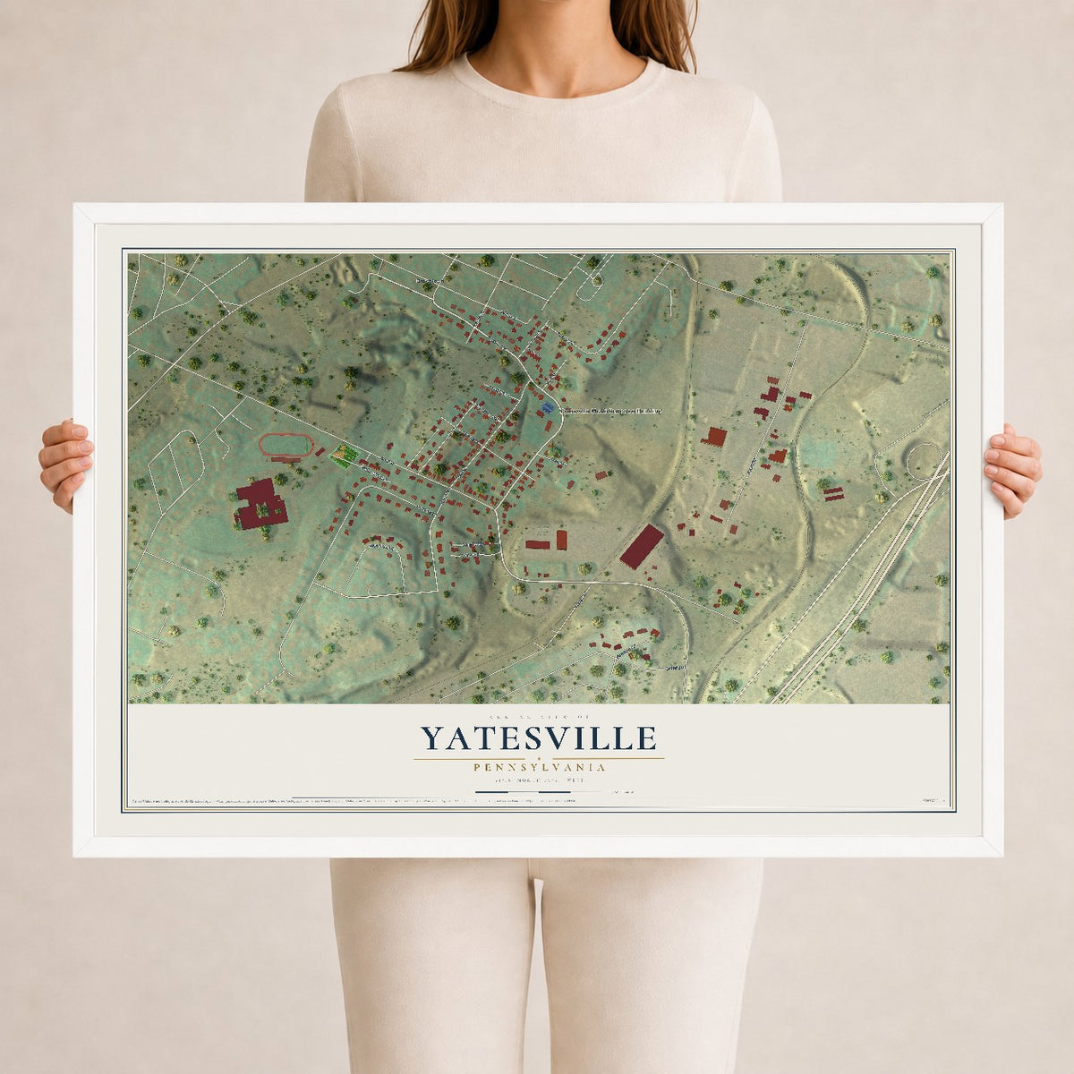 Map of Yatesville, Pennsylvania, 24 x 36 inch print in a white wood frame