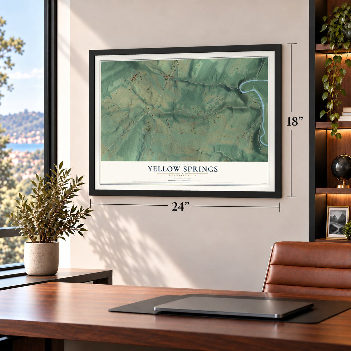 Yellow Springs, Pennsylvania map, 18 x 24 inch print in a black frame in a home office