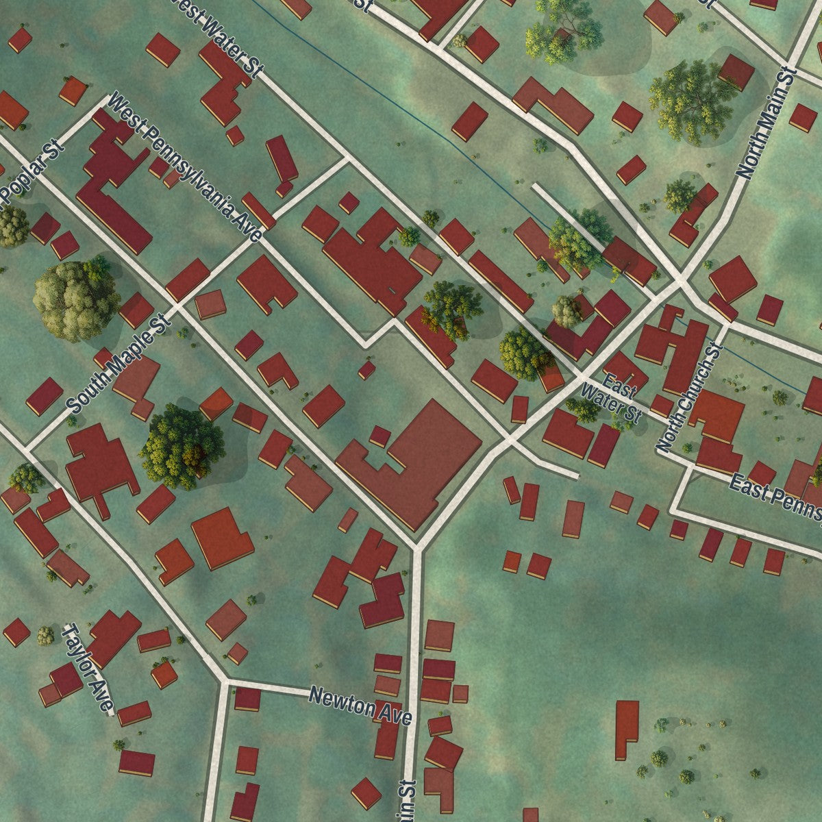 Close-up of the map of Yoe, Pennsylvania print showing street and building detail