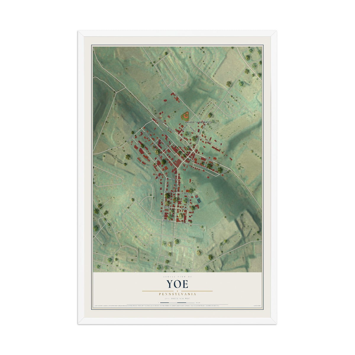 Map of Yoe, Pennsylvania, 12 x 18 inch print in a white wood frame