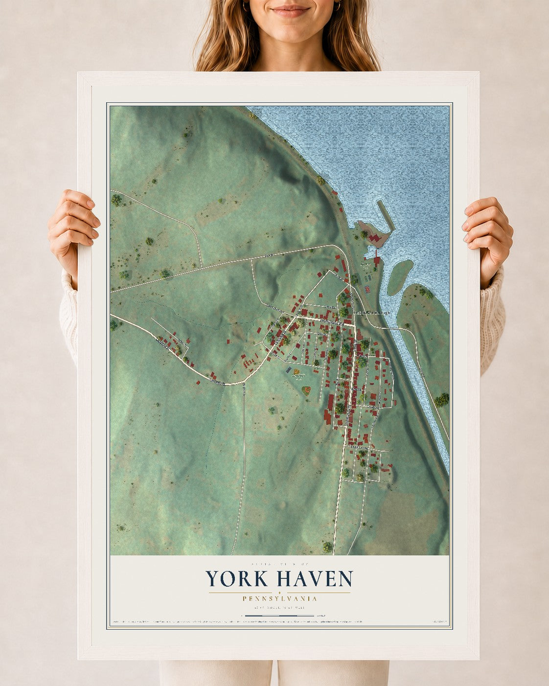 Map of York Haven, Pennsylvania, 24 x 36 inch print in a white wood frame