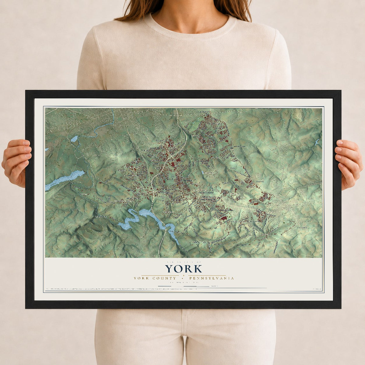 Map of York, York County, Pennsylvania, 12 x 18 inch print in a black wood frame