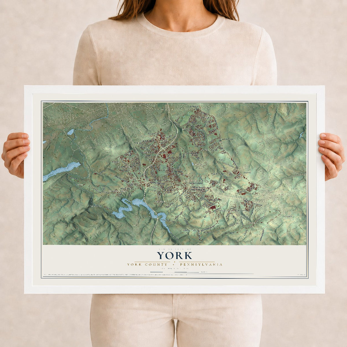 Map of York, York County, Pennsylvania, 12 x 18 inch print in a white wood frame