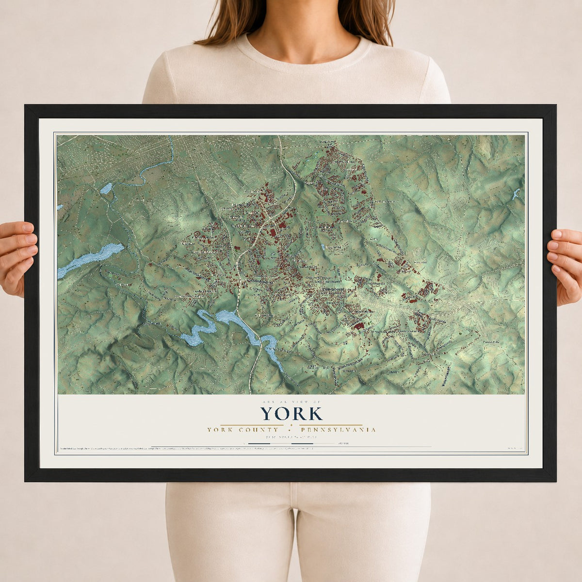 Map of York, York County, Pennsylvania, 18 x 24 inch print in a black wood frame